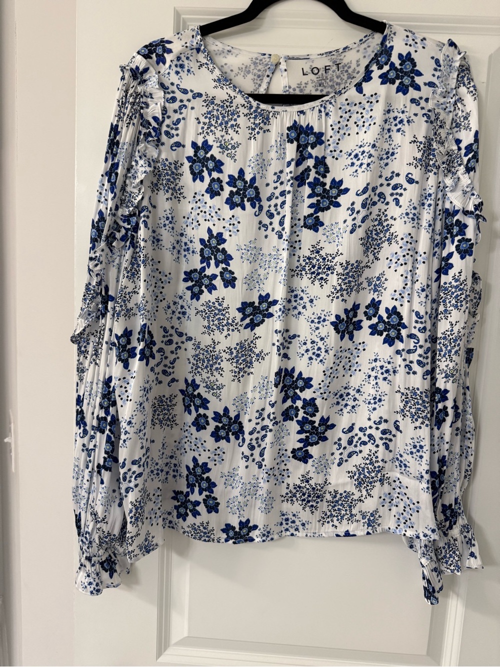 LOFT White Blouse with Blue Floral Print and Ruffle Detail